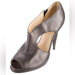 PRADA Leather Peep Toe Gray Metallic Cutout Heels Almond Toe Side Zipper Sz 7.5
